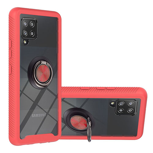 Silicone Matte Finish and Plastic Back Cover Case with Magnetic Finger Ring Stand YB1 for Samsung Galaxy A42 5G Red