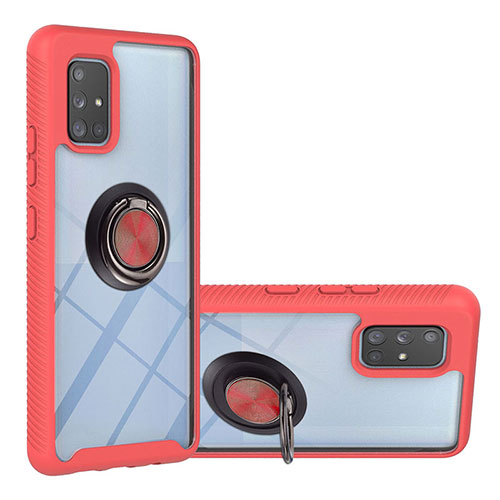 Silicone Matte Finish and Plastic Back Cover Case with Magnetic Finger Ring Stand YB1 for Samsung Galaxy A71 4G A715 Red