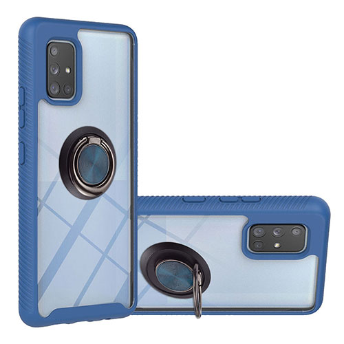 Silicone Matte Finish and Plastic Back Cover Case with Magnetic Finger Ring Stand YB1 for Samsung Galaxy A71 5G Blue