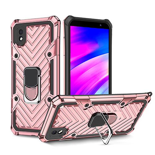 Silicone Matte Finish and Plastic Back Cover Case with Magnetic Finger Ring Stand YF1 for Samsung Galaxy A01 Core Rose Gold