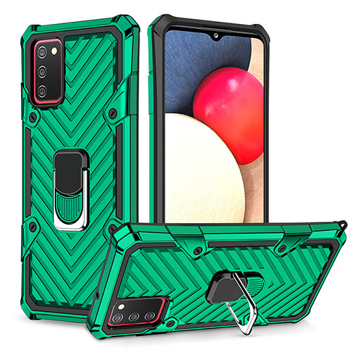 Silicone Matte Finish and Plastic Back Cover Case with Magnetic Finger Ring Stand YF1 for Samsung Galaxy A02s Green