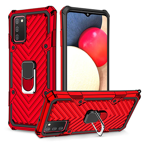 Silicone Matte Finish and Plastic Back Cover Case with Magnetic Finger Ring Stand YF1 for Samsung Galaxy A02s Red