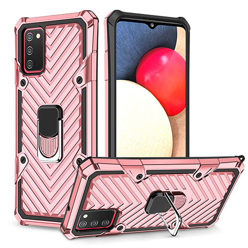 Silicone Matte Finish and Plastic Back Cover Case with Magnetic Finger Ring Stand YF1 for Samsung Galaxy A02s Rose Gold