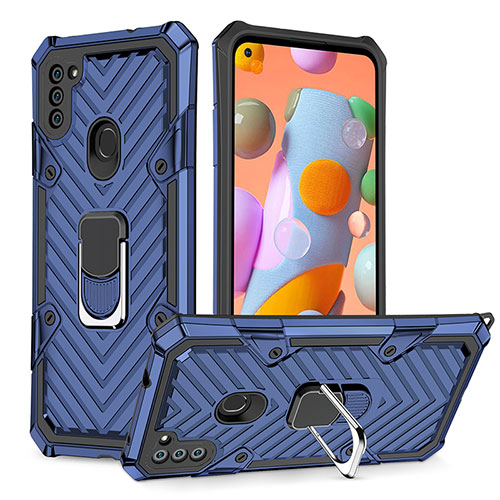 Silicone Matte Finish and Plastic Back Cover Case with Magnetic Finger Ring Stand YF1 for Samsung Galaxy A11 Blue