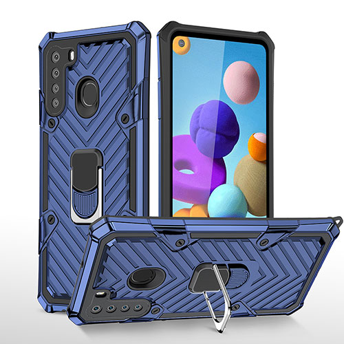 Silicone Matte Finish and Plastic Back Cover Case with Magnetic Finger Ring Stand YF1 for Samsung Galaxy A21 Blue