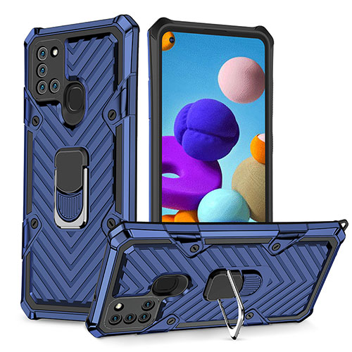 Silicone Matte Finish and Plastic Back Cover Case with Magnetic Finger Ring Stand YF1 for Samsung Galaxy A21s Blue