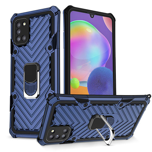 Silicone Matte Finish and Plastic Back Cover Case with Magnetic Finger Ring Stand YF1 for Samsung Galaxy A31 Blue