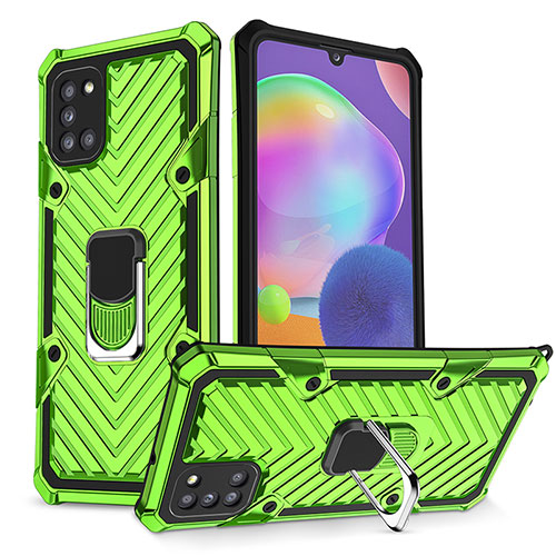 Silicone Matte Finish and Plastic Back Cover Case with Magnetic Finger Ring Stand YF1 for Samsung Galaxy A31 Matcha Green