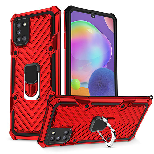 Silicone Matte Finish and Plastic Back Cover Case with Magnetic Finger Ring Stand YF1 for Samsung Galaxy A31 Red