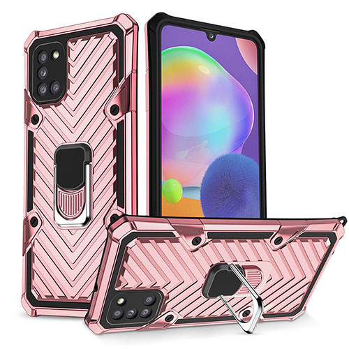 Silicone Matte Finish and Plastic Back Cover Case with Magnetic Finger Ring Stand YF1 for Samsung Galaxy A31 Rose Gold