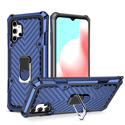 Silicone Matte Finish and Plastic Back Cover Case with Magnetic Finger Ring Stand YF1 for Samsung Galaxy A32 4G Blue