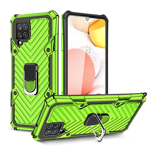 Silicone Matte Finish and Plastic Back Cover Case with Magnetic Finger Ring Stand YF1 for Samsung Galaxy A42 5G Matcha Green