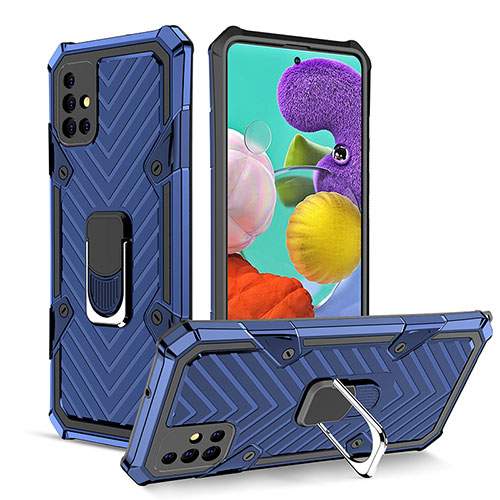 Silicone Matte Finish and Plastic Back Cover Case with Magnetic Finger Ring Stand YF1 for Samsung Galaxy A51 4G Blue