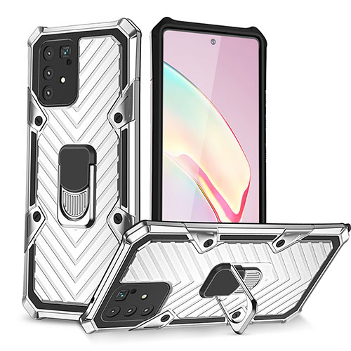 Silicone Matte Finish and Plastic Back Cover Case with Magnetic Finger Ring Stand YF1 for Samsung Galaxy A91 Silver