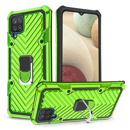 Silicone Matte Finish and Plastic Back Cover Case with Magnetic Finger Ring Stand YF1 for Samsung Galaxy F12 Matcha Green