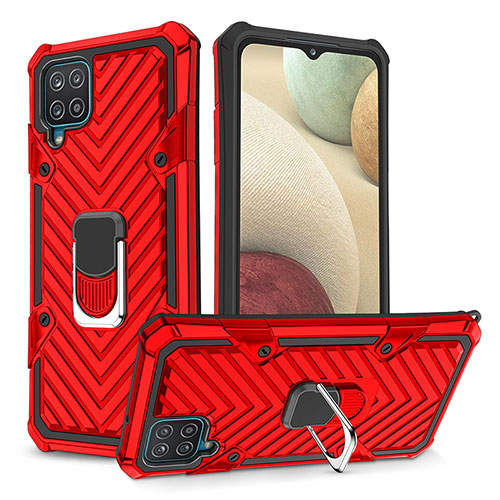 Silicone Matte Finish and Plastic Back Cover Case with Magnetic Finger Ring Stand YF1 for Samsung Galaxy F12 Red