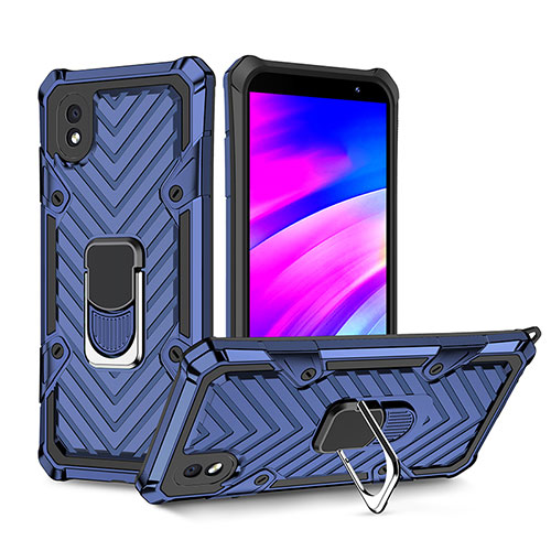 Silicone Matte Finish and Plastic Back Cover Case with Magnetic Finger Ring Stand YF1 for Samsung Galaxy M01 Core Blue