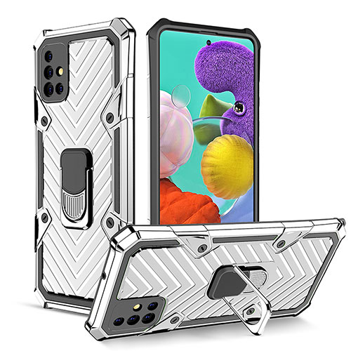 Silicone Matte Finish and Plastic Back Cover Case with Magnetic Finger Ring Stand YF1 for Samsung Galaxy M40S Silver