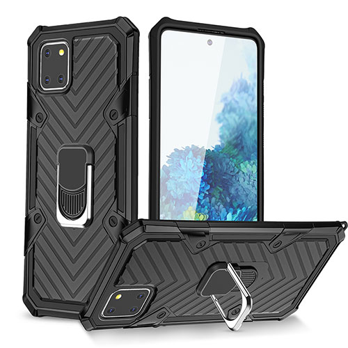 Silicone Matte Finish and Plastic Back Cover Case with Magnetic Finger Ring Stand YF1 for Samsung Galaxy Note 10 Lite Black