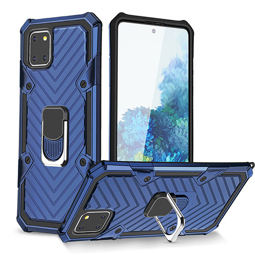 Silicone Matte Finish and Plastic Back Cover Case with Magnetic Finger Ring Stand YF1 for Samsung Galaxy Note 10 Lite Blue