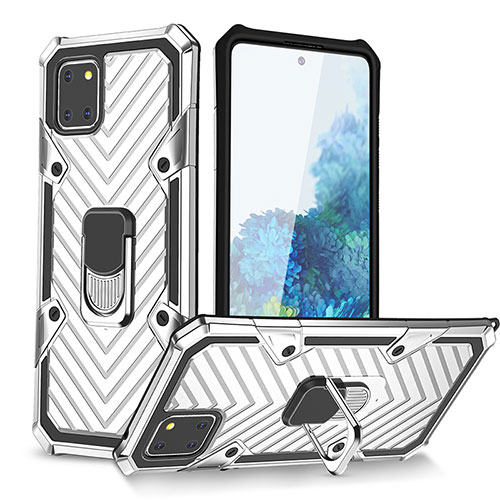 Silicone Matte Finish and Plastic Back Cover Case with Magnetic Finger Ring Stand YF1 for Samsung Galaxy Note 10 Lite Silver