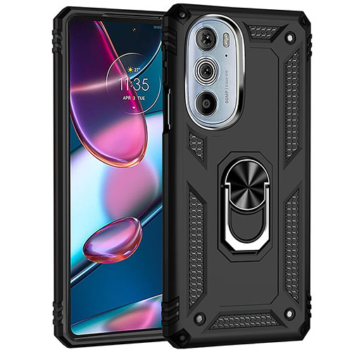 Silicone Matte Finish and Plastic Back Cover Case with Magnetic Finger Ring Stand Z01 for Motorola Moto Edge 30 Pro 5G Black