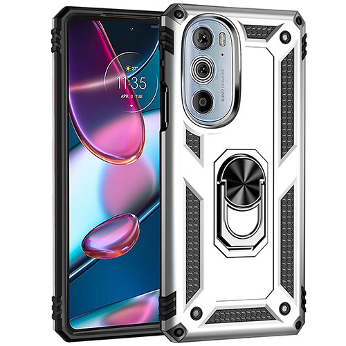 Silicone Matte Finish and Plastic Back Cover Case with Magnetic Finger Ring Stand Z01 for Motorola Moto Edge Plus (2022) 5G Silver