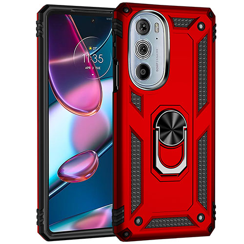 Silicone Matte Finish and Plastic Back Cover Case with Magnetic Finger Ring Stand Z01 for Motorola Moto Edge X30 5G Red