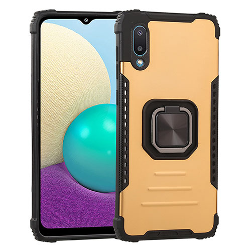 Silicone Matte Finish and Plastic Back Cover Case with Magnetic Finger Ring Stand ZJ1 for Samsung Galaxy A02 Gold