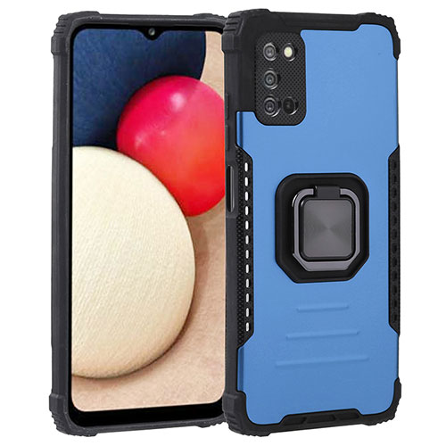 Silicone Matte Finish and Plastic Back Cover Case with Magnetic Finger Ring Stand ZJ1 for Samsung Galaxy A03s Blue
