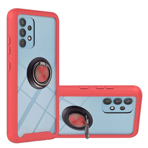 Silicone Matte Finish and Plastic Back Cover Case with Magnetic Finger Ring Stand ZJ1 for Samsung Galaxy A32 4G Red