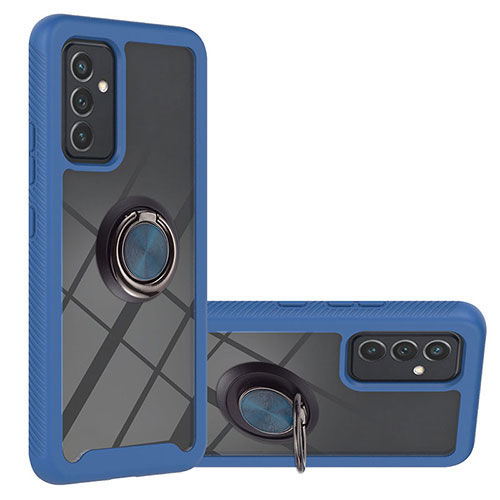 Silicone Matte Finish and Plastic Back Cover Case with Magnetic Finger Ring Stand ZJ1 for Samsung Galaxy A34 5G Blue