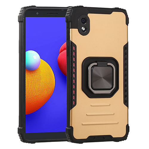 Silicone Matte Finish and Plastic Back Cover Case with Magnetic Finger Ring Stand ZJ2 for Samsung Galaxy A01 Core Gold