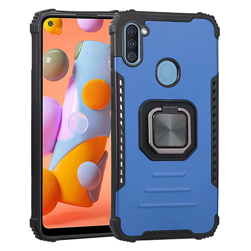 Silicone Matte Finish and Plastic Back Cover Case with Magnetic Finger Ring Stand ZJ2 for Samsung Galaxy A11 Blue