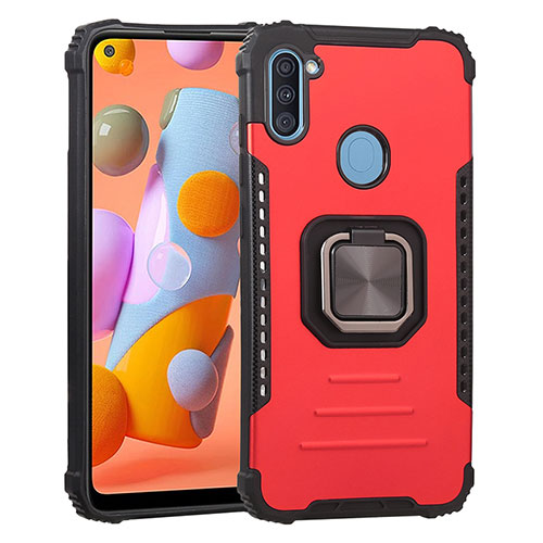 Silicone Matte Finish and Plastic Back Cover Case with Magnetic Finger Ring Stand ZJ2 for Samsung Galaxy A11 Red