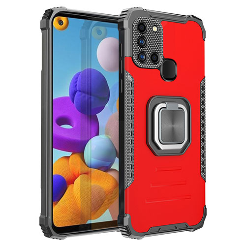 Silicone Matte Finish and Plastic Back Cover Case with Magnetic Finger Ring Stand ZJ2 for Samsung Galaxy A21s Red