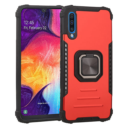 Silicone Matte Finish and Plastic Back Cover Case with Magnetic Finger Ring Stand ZJ2 for Samsung Galaxy A30S Red