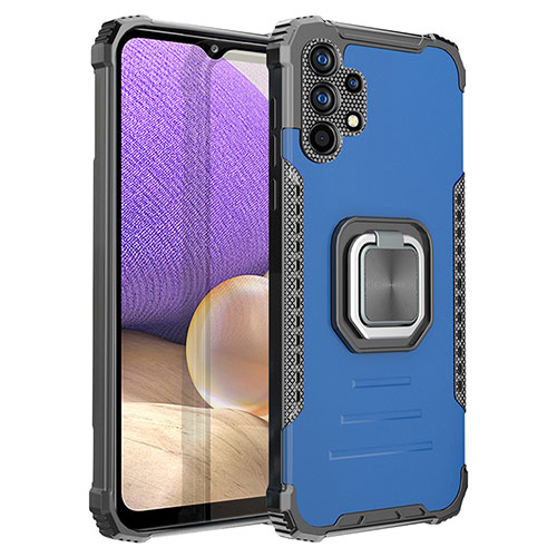 Silicone Matte Finish and Plastic Back Cover Case with Magnetic Finger Ring Stand ZJ2 for Samsung Galaxy A32 4G Blue