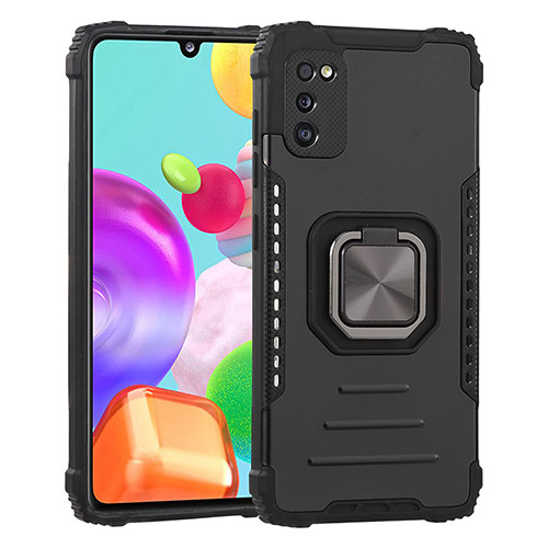 Silicone Matte Finish and Plastic Back Cover Case with Magnetic Finger Ring Stand ZJ2 for Samsung Galaxy A41 Black