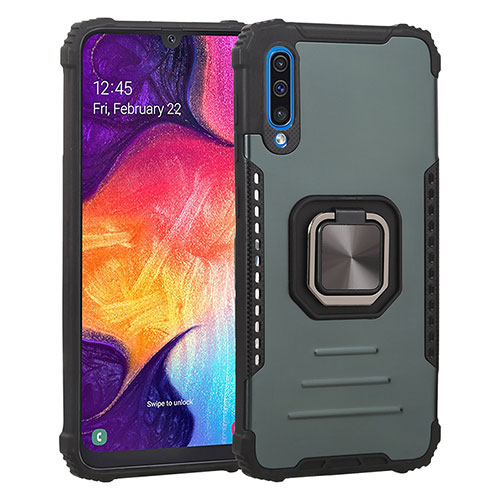 Silicone Matte Finish and Plastic Back Cover Case with Magnetic Finger Ring Stand ZJ2 for Samsung Galaxy A50S Green