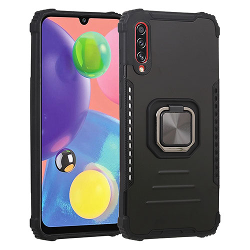 Silicone Matte Finish and Plastic Back Cover Case with Magnetic Finger Ring Stand ZJ2 for Samsung Galaxy A70S Black