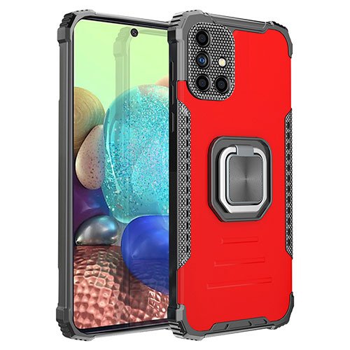 Silicone Matte Finish and Plastic Back Cover Case with Magnetic Finger Ring Stand ZJ2 for Samsung Galaxy A71 4G A715 Red