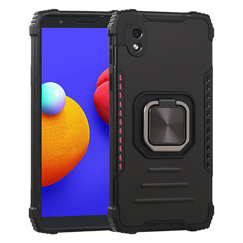 Silicone Matte Finish and Plastic Back Cover Case with Magnetic Finger Ring Stand ZJ2 for Samsung Galaxy M01 Core Black