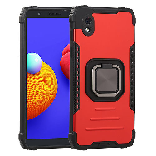 Silicone Matte Finish and Plastic Back Cover Case with Magnetic Finger Ring Stand ZJ2 for Samsung Galaxy M01 Core Red