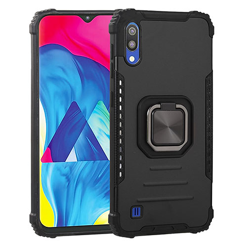 Silicone Matte Finish and Plastic Back Cover Case with Magnetic Finger Ring Stand ZJ2 for Samsung Galaxy M10 Black