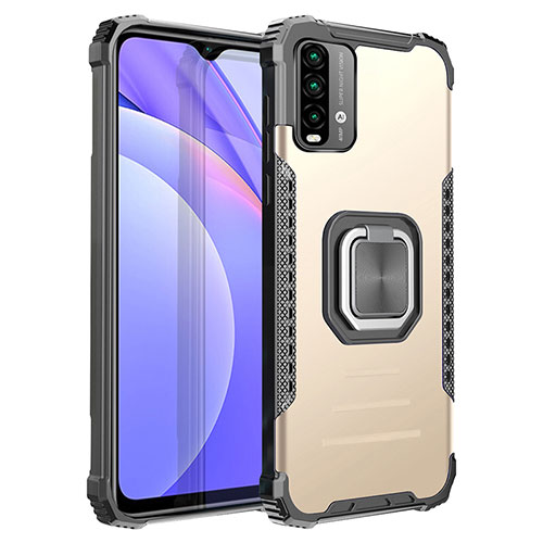 Silicone Matte Finish and Plastic Back Cover Case with Magnetic Finger Ring Stand ZJ2 for Xiaomi Redmi 9T 4G Gold