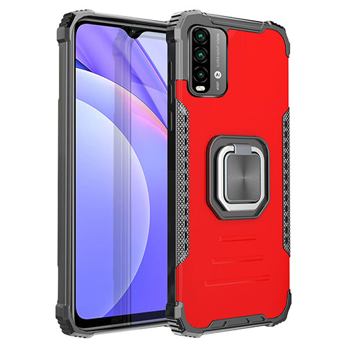 Silicone Matte Finish and Plastic Back Cover Case with Magnetic Finger Ring Stand ZJ2 for Xiaomi Redmi 9T 4G Red
