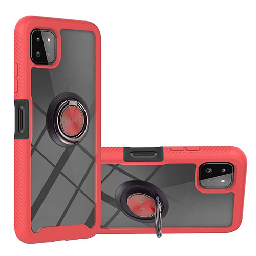 Silicone Matte Finish and Plastic Back Cover Case with Magnetic Finger Ring Stand ZJ5 for Samsung Galaxy F42 5G Red