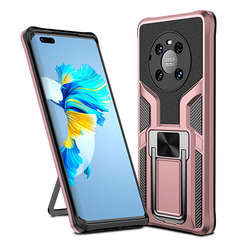 Silicone Matte Finish and Plastic Back Cover Case with Magnetic Finger Ring Stand ZL1 for Huawei Mate 40 Pro Rose Gold