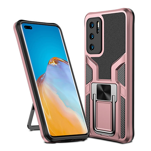 Silicone Matte Finish and Plastic Back Cover Case with Magnetic Finger Ring Stand ZL1 for Huawei P40 Rose Gold